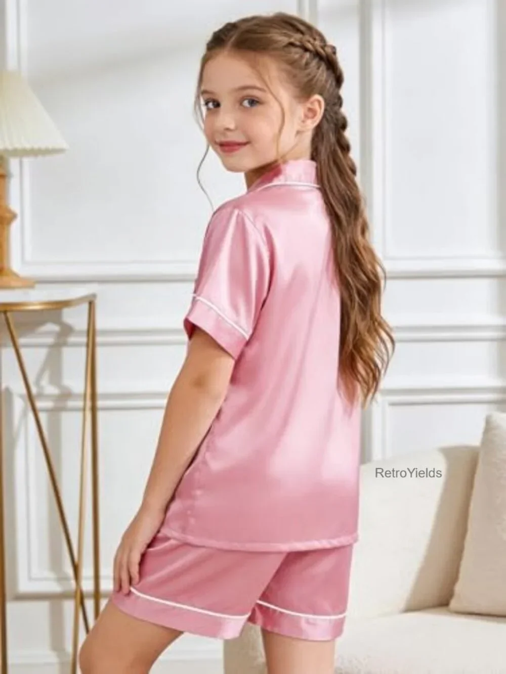Satin 2-Piece Short Sleeve Pajama Set, Button Top & Shorts, Silky Soft Kids
